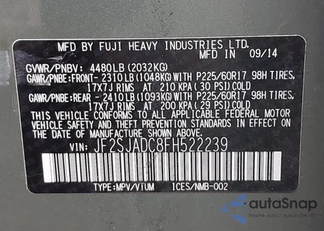 2015 Subaru Forester 2.5I Premium из США, поврежденный, VIN JF2SJADC8FH522239